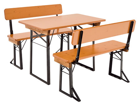 The small beer garden table sets with backrest in the color pine.