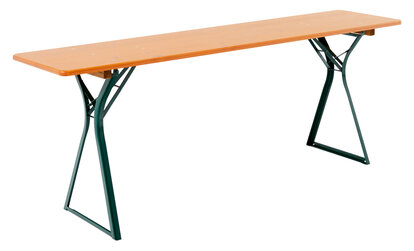 Beer garden table set in pine with X-shaped green base for extra legroom.