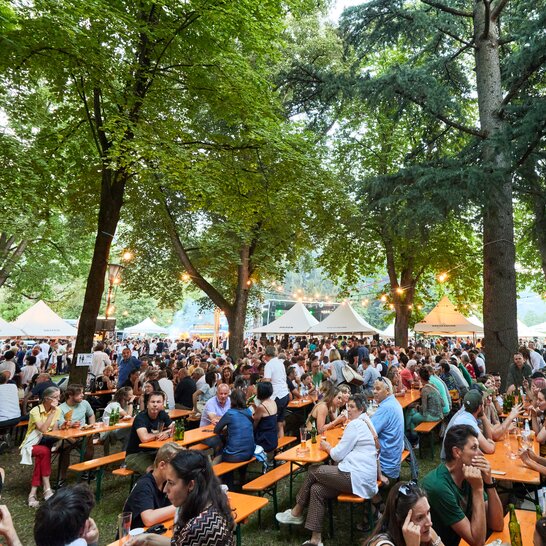 Visitors to the Street Food Festival have taken their seats on the classic beer garden table sets and are enjoying the event.